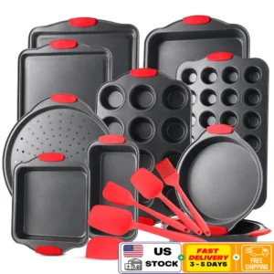 Nonstick Carbon Steel Bakeware Set 15-Piece Kitchen Baking Tray Silicone Handles Oven Safe Cookie Sheets Pans Muffins Loaf Pan